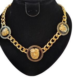 Natasha Couture Gold-tone 3 Lion Head Medallion Statement Necklace